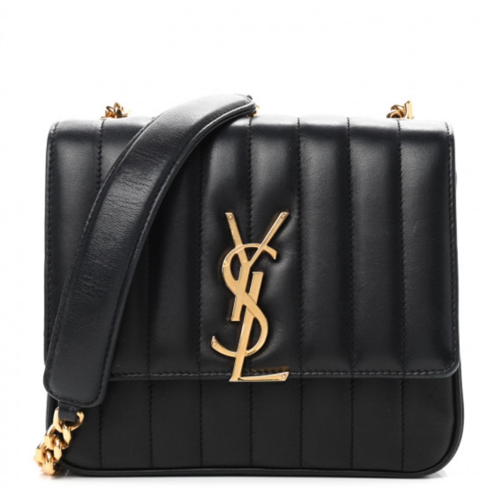 Authentic SAINT LAURENT Lambskin Matelasse Monogram Medium Vicky Chain Bag Black